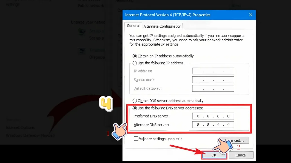 change DNS 8.8.8.8 on Windows
